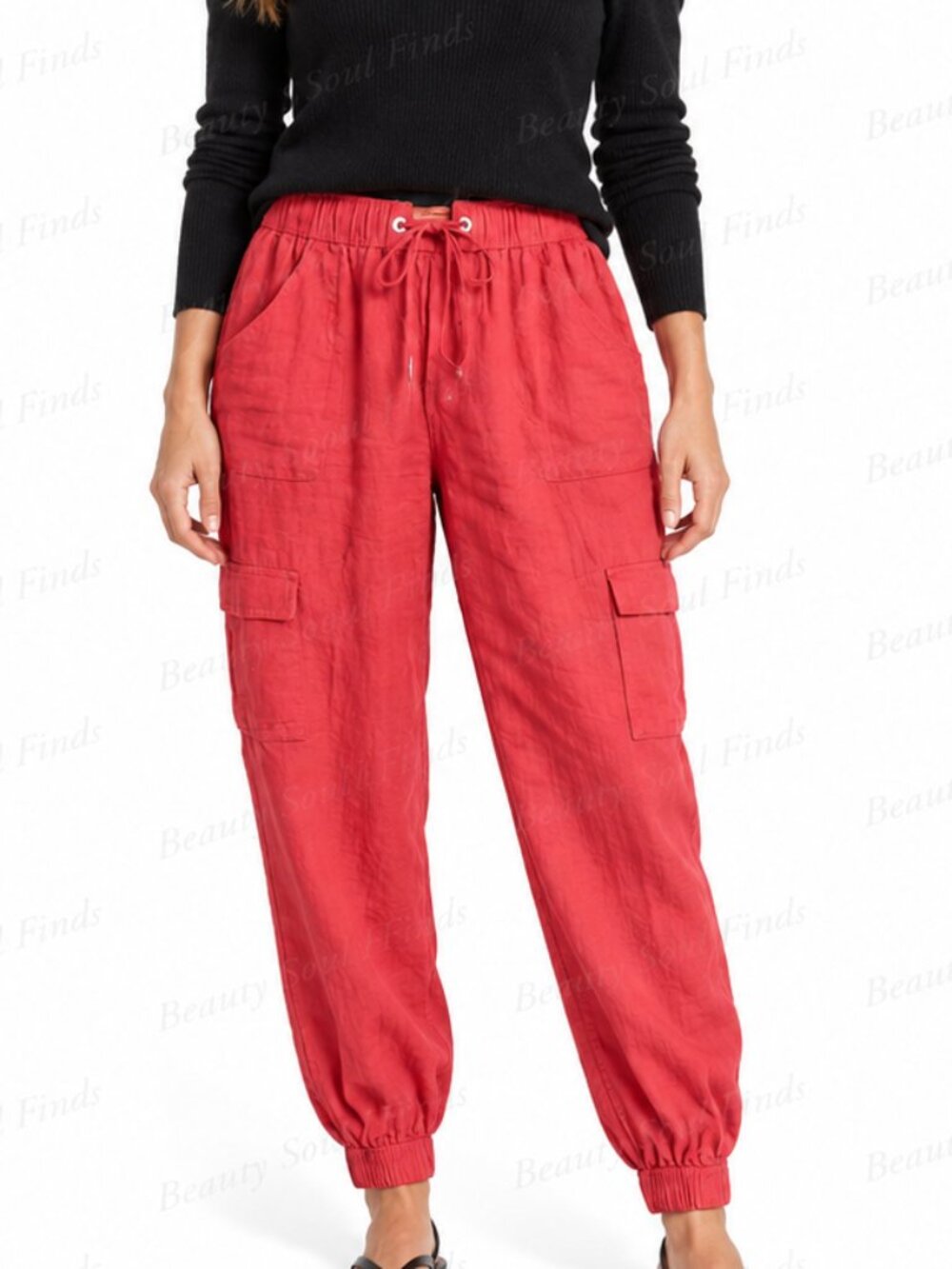Nicole Miller Red 100% Linen Cargo Jogger Pants Cuffed Drawstring Size Medium